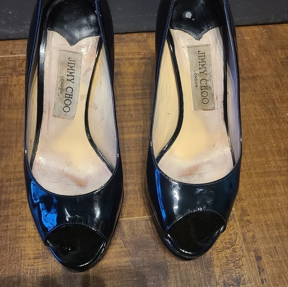 Jimmy Choo Black Patent Leather Peep Toe Platform Pumps - Picture 4 of 9